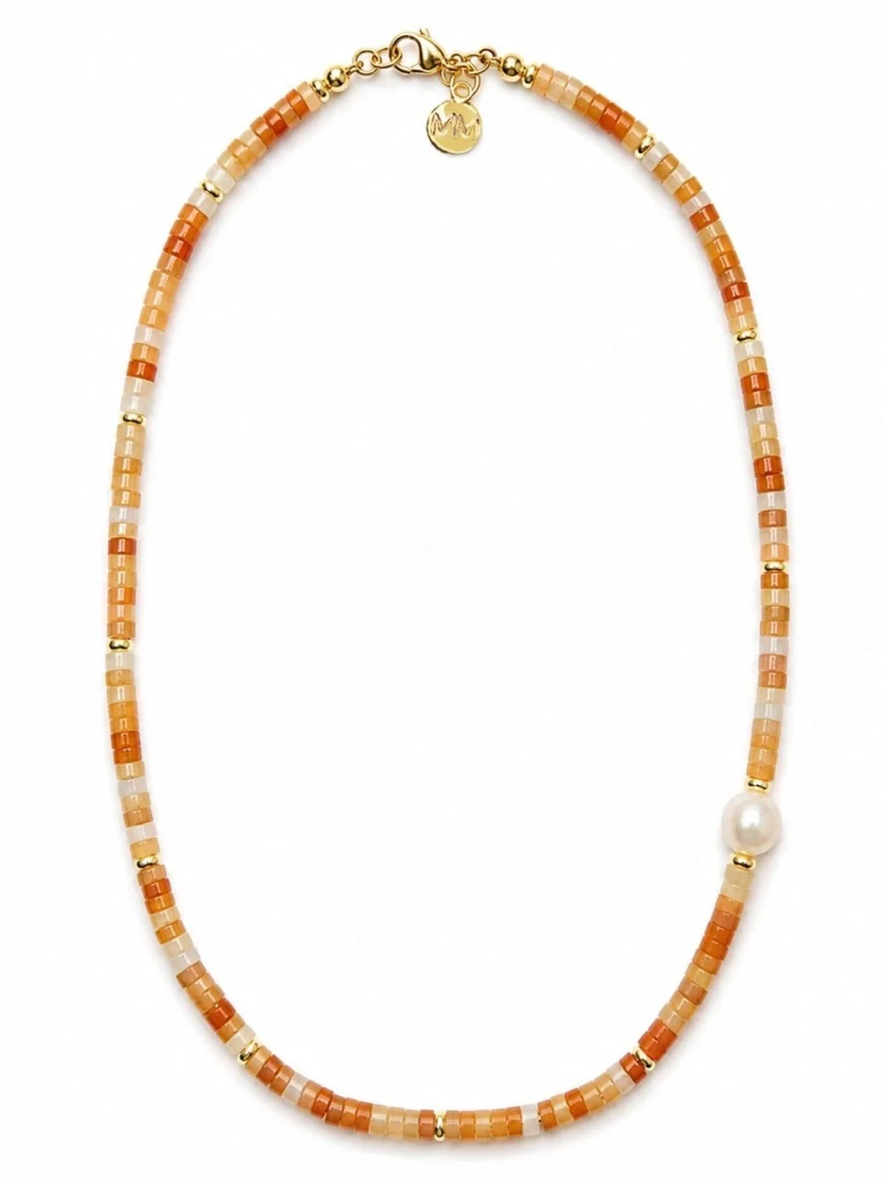New mayamar genuine orange stone Beaded Necklace with fresh Pearl Accent